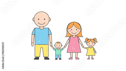 Simple Cartoon Representation of a Diverse Family Unit Holding Hands Showing Unity and Happiness