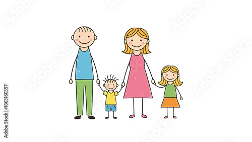 Happy Family of Four Standing Together Holding Hands Stylized Drawing
