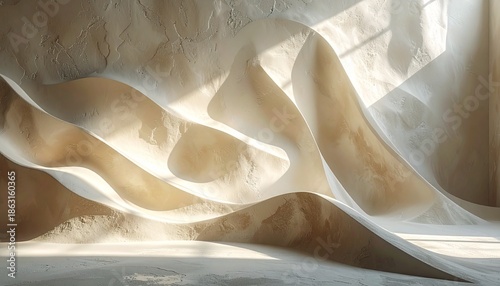 Abstract architectural design with flowing organic stucco waves and textured background casting dramatic shadows in a neutral studio space