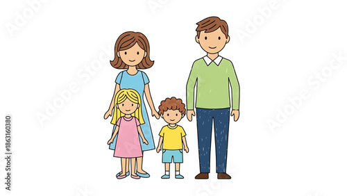 Cartoon Family of Four Posed Together Representing Unity and Connection