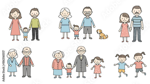 Diverse Family Units Collection Parents Children Siblings Grandparents and Pets in Simple Outline Style