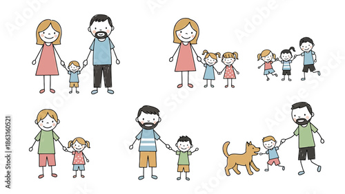 Diverse Family Units and Relationships Depicted with Simple Stick Figure Style