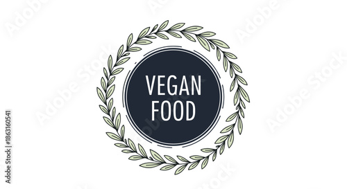 Vegan Food stamp logo with a dark circular background and a laurel wreath made of green leaves for labeling plant based products.
