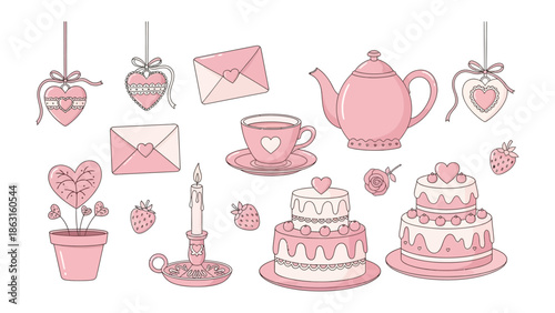 Valentine's Day Icon Set: Delicate illustrations of hearts, cakes, tea set, envelopes, and strawberry set against a soft palette of pinks, creating a romantic vibe.