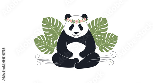 Peaceful giant panda sits in a meditative pose wearing a flower crown surrounded by large tropical monstera leaves for zen vibes.