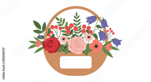 Round wooden basket overflowing with beautiful pink roses and red berries creates a lovely floral arrangement for special celebrations.