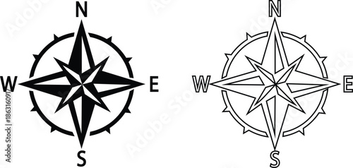 Set of compass navigation icons, collection of direction and orientation symbols, group of flat line vector illustrations, add compass rose, bearing, route, travel guide, black icon