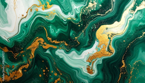Luxurious emerald green marble abstract texture with golden glitter veins and white liquid flow elegant artistic background