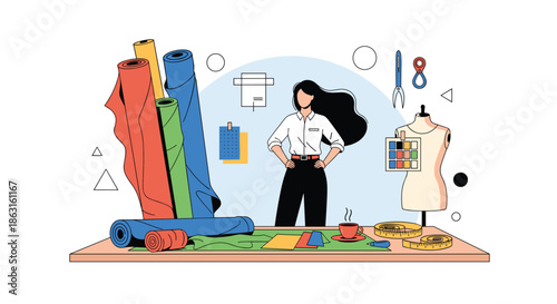 Fashion designer stands in her studio surrounded by colorful rolls of fabric and tailoring tools illustrating the creative process.
