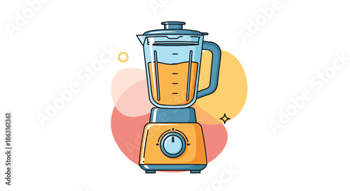 Modern electric blender filled with a healthy orange fruit smoothie on an abstract background with colorful circles.