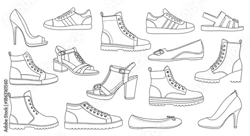 Detailed set of black and white line drawings showcasing various types of shoes ranging from high heels to sturdy boots.