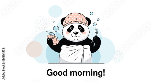 Cute panda character wearing a pink shower cap and white towel holding soap and a toothbrush for daily morning hygiene.