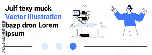 Medical robot operating on a patient, guided by a doctor wearing virtual reality headset. Ideal for technology, innovation, healthcare, automation, robotics, virtual reality, and a simple landing