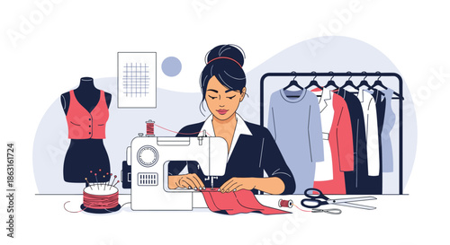 Professional seamstress working on a white sewing machine in a creative fashion studio with several clothing racks.