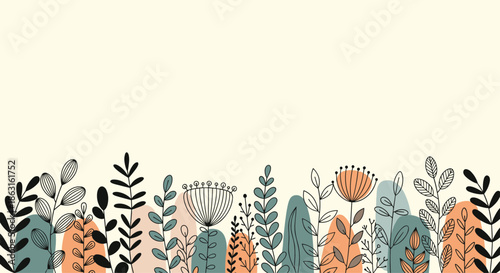 Bottom border of delicate hand-drawn botanical plants and flowers in soft muted colors on a light and plain background.