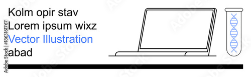 Biotechnology, scientific research, digital healthcare, innovation, technology integration, DNA analysis. Laptop next to a test tube with DNA strands. Biotechnology and scientific research concepts