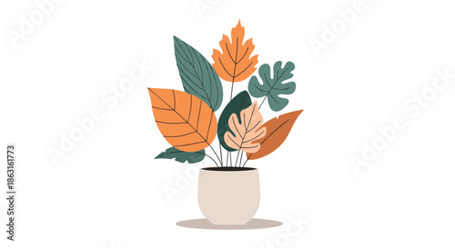 Potted houseplant with large vibrant tropical leaves in shades of orange and green against a clean white background.