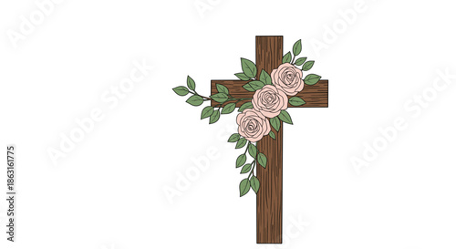 Rustic wooden cross decorated with beautiful pink roses and green leaves isolated on a plain white background.