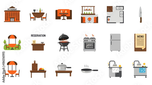 Collection of Restaurant and Kitchen Equipment Icons. EPS Editable