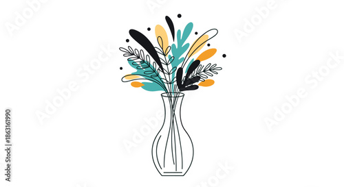Artistic floral arrangement with various leaves and berries in a glass vase on a white background for interior decoration.