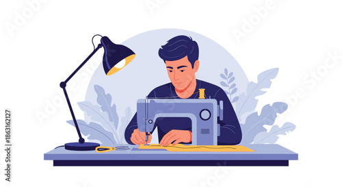 Focused man working on a sewing machine at his desk under a desk lamp in a creative studio or workshop.