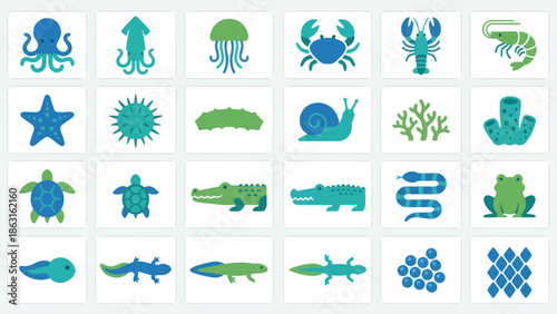 Colorful Marine Life and Amphibian Icons Collection. EPS Editable