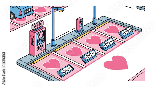 Love in Every Space: A cute illustration of parking spot adorned with pink hearts and parking tools, evoking feelings of affection and romance within the city.