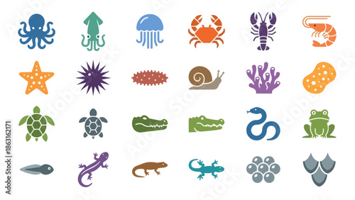 Colorful Collection of Marine and Reptile Animal Icons. EPS Editable