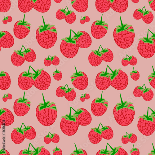 Vibrant seamless pattern showcasing a scattering of juicy pink raspberries with fresh light green leaves, elegantly contrasted against a cute pink background. Seamless pattern with flying raspberries 
