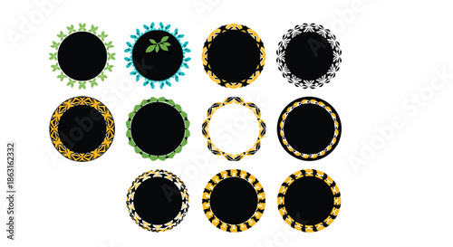 Set of diverse circular decorative frames and borders with floral, geometric, and ornamental patterns on a white background.