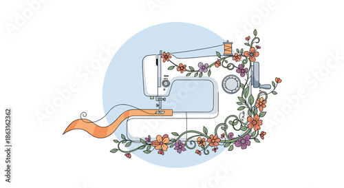 Artistic illustration of a vintage sewing machine adorned with colorful climbing flowers and leaves in a creative craft theme.