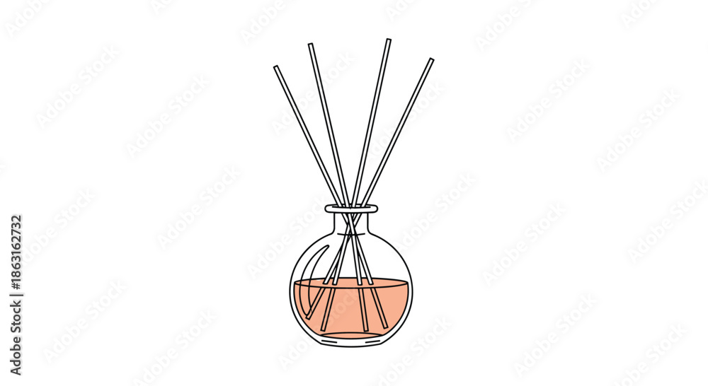 Obraz premium Simple line drawing of a glass reed diffuser bottle with scented aroma oil and several wooden fragrance sticks.