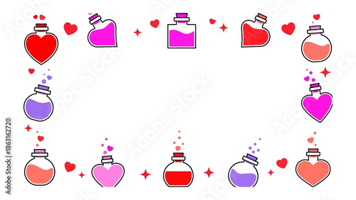 Love Potion Frame: Adorned with heart-shaped bottles filled with colorful elixirs, creates a romantic and magical framework.