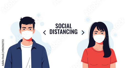 Illustration of a man and woman wearing protective face masks to promote social distancing awareness.