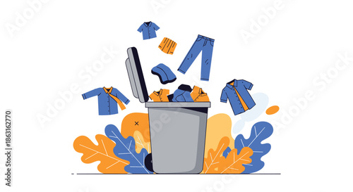Conceptual illustration of various clothes being thrown into a large gray trash can for recycling purposes.