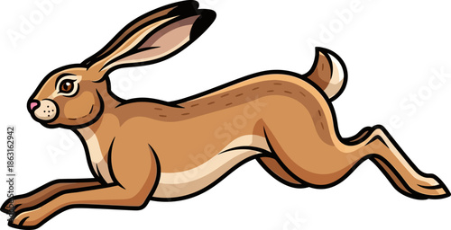 Energetic Brown Hare Running Fast Across White Background Cartoon Illustration