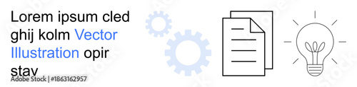 Innovation, productivity, business strategy, workflow, creative solutions, teamwork. A minimal design with a document, light bulb and gear. Innovation and productivity illustrated with key elements