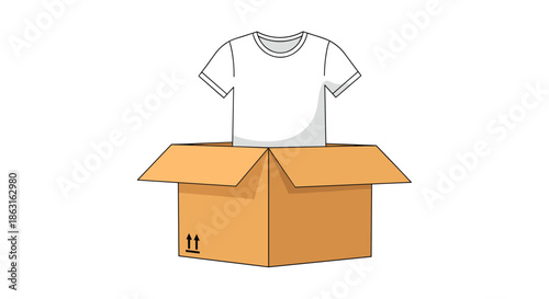 Illustration of a plain white t-shirt emerging from an open brown cardboard shipping box for delivery.