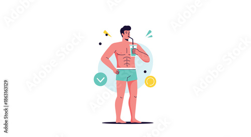 Athletic muscular man drinking a healthy green smoothie after a workout session to maintain his fit physique and healthy lifestyle.