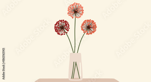 Three beautiful allium flowers in shades of red and orange displayed in a simple glass vase on a clean minimalist background.