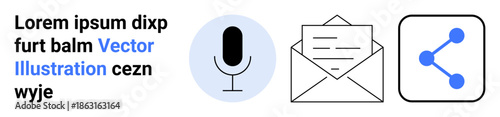 Communication, social media, networking, email, sharing, digital interaction. Microphone, envelope and share icons in clean minimalistic design. Communication and social media concept