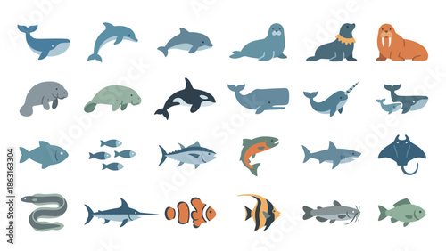 Diverse collection of marine animals and sea creatures in a flat design style. EPS Editable