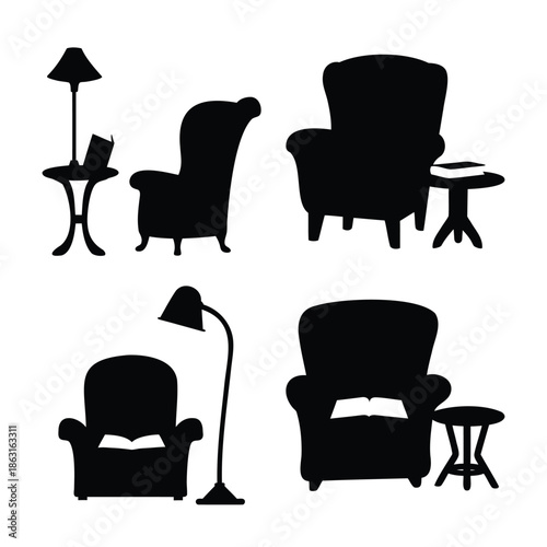 Cozy reading nooks: armchairs, lamps, and books silhouettes