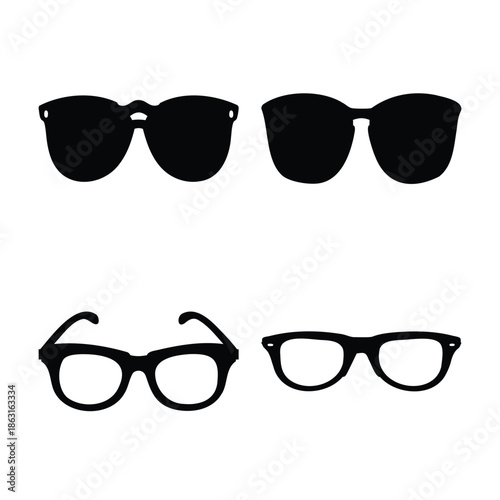 Collection of diverse eyewear silhouettes; spectacles, sunglasses