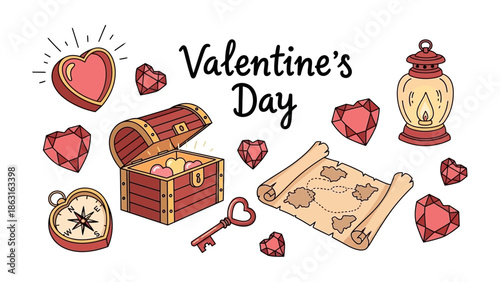 Valentine's Day Treasure: A captivating artistic depiction of Valentine's Day elements, celebrating love, including a heart, key, compass, treasure chest and more.