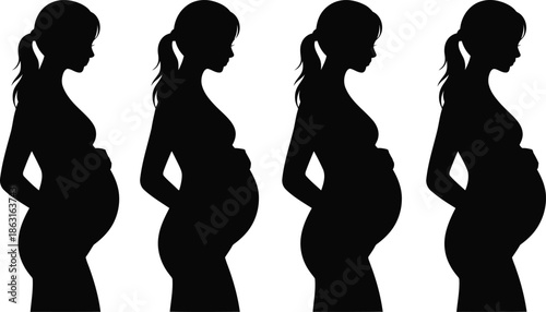 Multiple black silhouettes of a pregnant woman in profile showcasing a prominent baby bump