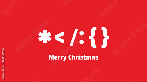 Merry Christmas Greeting Card with Programmer Code Syntax Emoji Santa Claus on Red Background for Tech and Software Developers