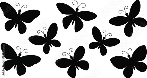 A collection of elegant black butterfly silhouettes with delicate antennae displayed on a clean white background