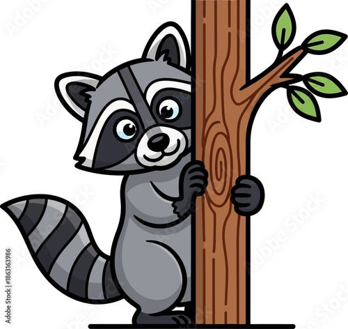 Cute Cartoon Raccoon Peeking Around a Tree Trunk Adorable Wildlife Illustration for Children s Books and Nature Designs