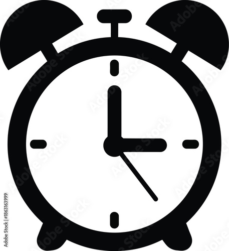 A minimalist black and white icon illustration of a traditional alarm clock